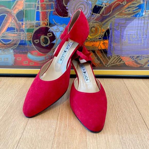 Luca Luca Classic Red Suede Mary Jane Spool Heel Pumps EU38.5 Button Strap Italy - Picture 3 of 16